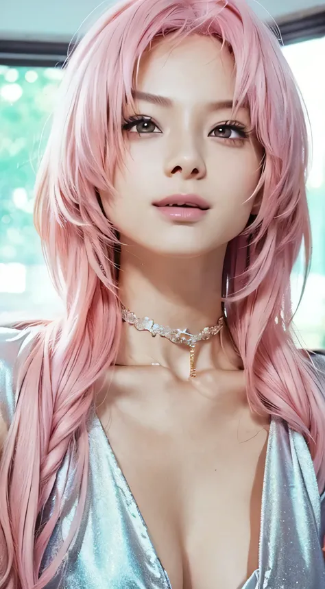 1girll,（Captivating quality：1.4），（True textured skins of the highest quality), Delicate face,Pink twin-tailed hair, Gradient Hair, （perfect bodies：1.1），Heart-shaped choker、long eyelasher,grin, hyperphotorealism, Cinematic lighting, projected inset, surreal...