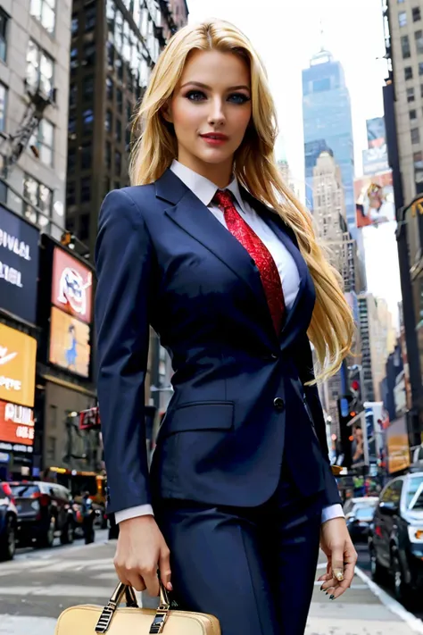 high quality, super sexy business suit ,large breasts, blonde super model,in new york.