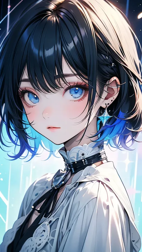 ((masterpiece)), (highest quality), (detailed), (One girl), (Internal Data Stream) Light blue gradient hair, Glowing blue eyes, Straight hair, Wearing a modern white shirt and black dress, Covered in data particles, Locked around the neck