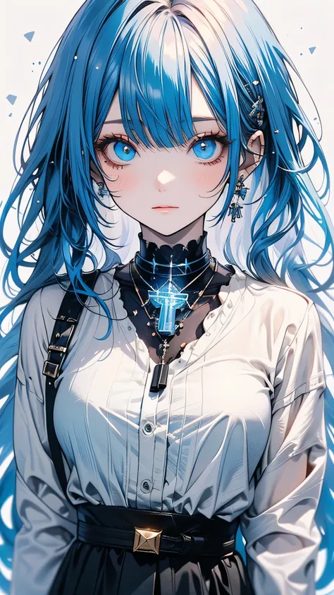 ((masterpiece)), (highest quality), (detailed), (One girl), (Internal Data Stream) Light blue gradient hair, Glowing blue eyes, Straight hair, Wearing a modern white shirt and black dress, Covered in data particles, Locked around the neck