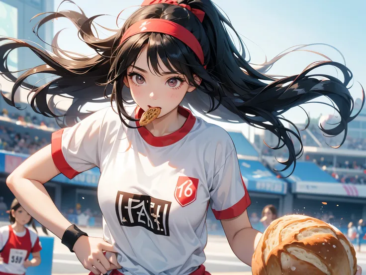 cute girl

A young girl with long black hair
Running in a bread-eating contest.

sports festival

wearing a red headband

wearing white gym clothes

Run with melon bread in your mouth while jumping


