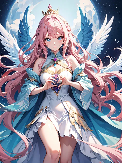 in a world of and snow,a lonely queen,She has pink and blue wavy hair and eyes,There are huge phoenix blue wings on the back,conservativelydressed,The gaze is cold,one hand holding sword(One man only)