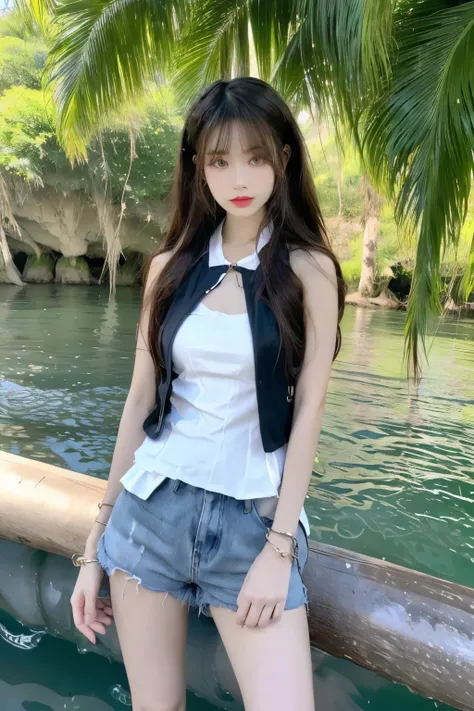 Beautiful woman with perfect body：1.4，Layered Hairstyle，Highly detailed face and skin textures，Double eyelids，Skin Whitening，Long hair，Whitened long legs，（Vest，Short shorts，bracelet），Standing by the sea，Half-length photo