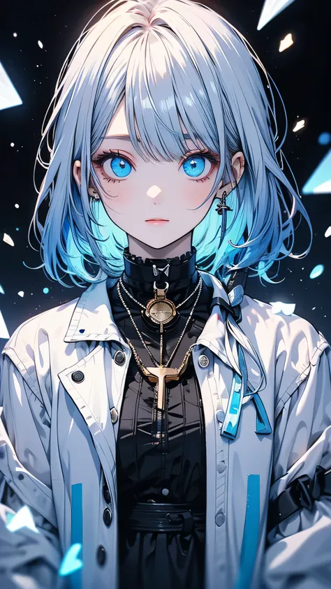 ((masterpiece)), (highest quality), (detailed), (One girl), (Internal Data Stream) Light blue gradient hair, Glowing blue eyes, Straight hair, Wearing a modern white shirt and black dress, Covered in data particles, Locked around the neck