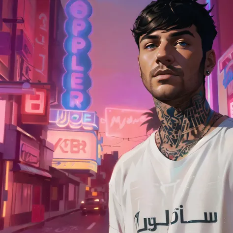 arafed man with tattoos and a white shirt standing in front of a neon sign, hyperrealism artistic style, hiperrealismo, realism ...