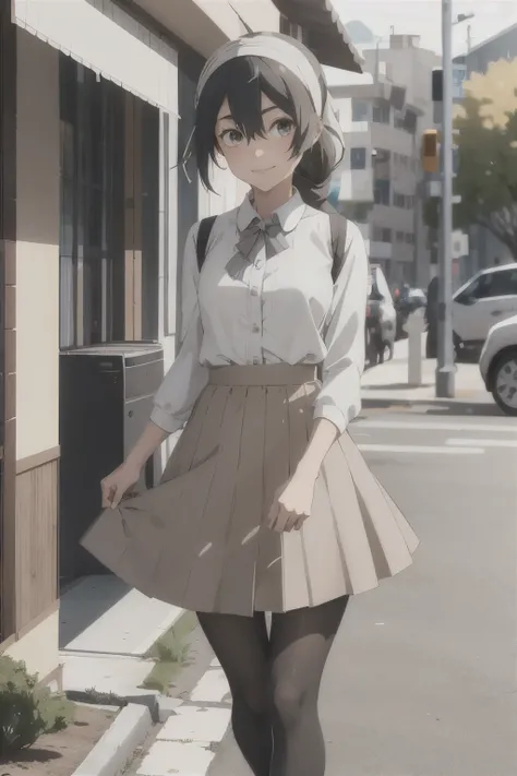 1girl, solo,  
hamanami (kancolle), ahoge,Self Lift-Up Skirt、
hair over eyes, hair over one eye,
hair ribbon, single braid, hair over shoulder,
, dress, halterneck, white shirt, bow, bowtie, grey pantyhose, boots, brown footwear,
outdoors,