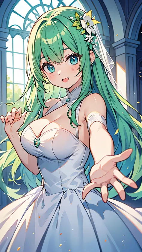 ((A Pretty girl with green hair and blue eyes)), ((wearing the white wedding dress)), Reaching out to the viewer, Baby face, ((top-quality, master piece, ultra-definition, high resolution)), anime girl, ((ultra-detailed illust:1.2)), only one person, bangs...