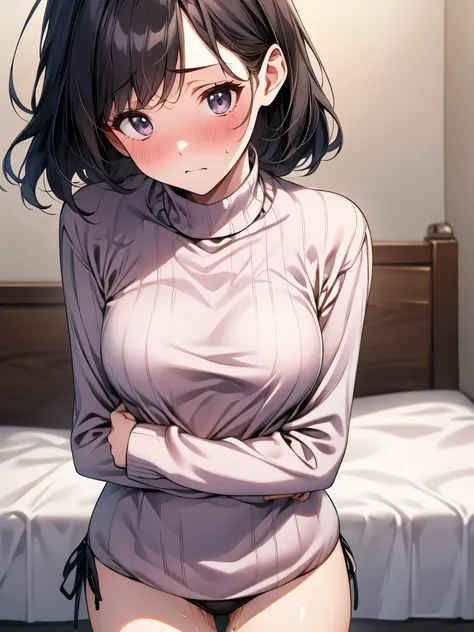 (1 person、solo), Beautiful woman, Anatomically perfect body, Slender、(Tight turtleneck sweater、extra detailed side tie panty), (Look down:1.2), (Pussy juice:1.2)、(Embrace your chest:1.2)、20-year-old、(highest quality)、Black Hair, bedroom、On the bed、(8k, Hig...