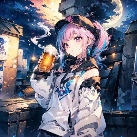 (((pink and blue hair　ponytail　wear a cap　off-the-shoulder hoodie)))　((cyber punk　earrings　smoking alone　empty beer cans　rooftop...