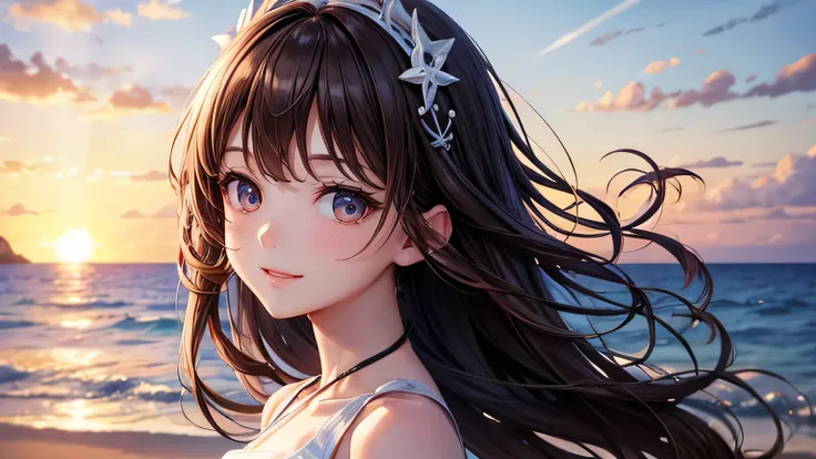 Beautiful woman 1.3, Beautiful brown hair: 1.2, , Ocean shore in the evening: 1.2,beach: 1.1, Ultra-high resolution, Accurate, Super detailed, Textured skin, High detail, highest quality, 8k,Thin bangs,Upper Body,Well-drawn eyes, Focus on the face,White cr...