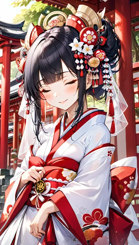 
(Japanese June Bride style) (15 yo, solo) ((blunt bangs, oiran hair)) (black hair long hair sexy shrine maiden girl, sexy closed eyes, love smile) ((beautiful make up)) (in a sexy japanese bride A silk:1.3 White wedding kimono), (in the divine Dazaifu Ten...