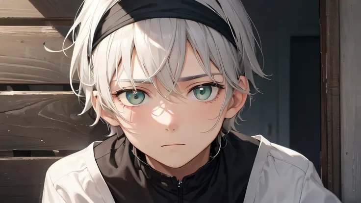 a detail close up person, a gray-haired boy brownish skin with a gloomy face without a pale expression wearing black headband sitting in the corner of the wall, looking up with a dead gaze looking at the point view but his green eyes are covered by his hai...