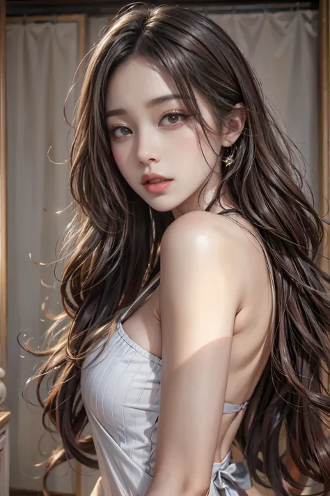 realistic photos (one cute korean k-pop star) straight long hair, light makeup, huge firm bouncing bust, long dress, close, cano...