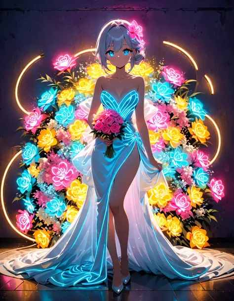 composition, Thematic, Light Staging, The background is simple, Standing in a neon voluminous evening dress with a long train, Very impressive and beautiful. , View your viewers, Holding a bouquet of neon flowers. Hair and eyes glow with neon lights