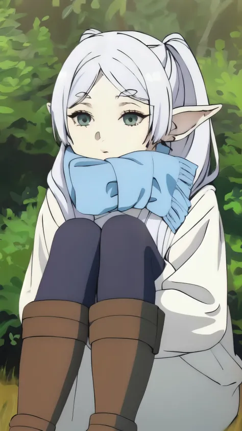 Cute girl sitting on the ground with her arm around her neck, cute girl with white hair,