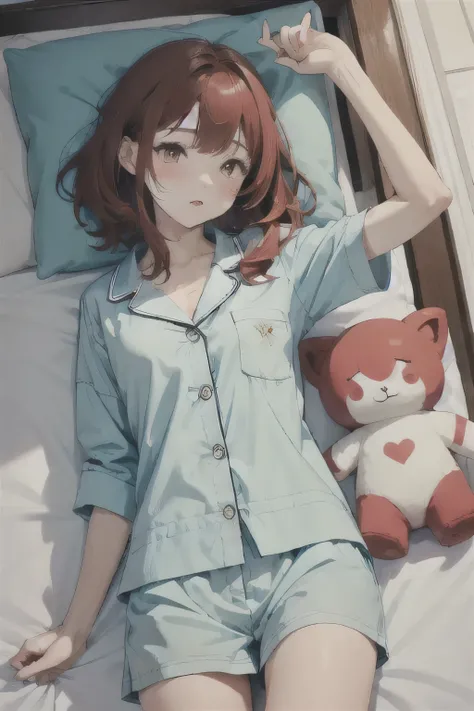 1 girl, Redhead, Red eyes, Impact, RAW Photos, 8k, masterpiece,pajamas、bed、Are sleeping、