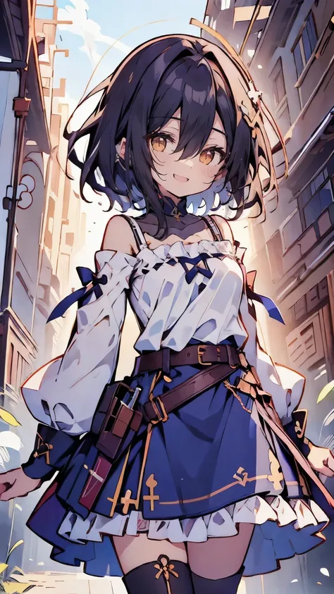 dress,1girl, bare shoulders, belt, eyebrows visible through hair, hair between eyes, long sleeves, looking at viewer, off shoulder, shirt, single thighhigh, solo, thighhighs, white legwear, white shirt,off-shoulder dress,frilled skirt,belt buckle,sleeveles...