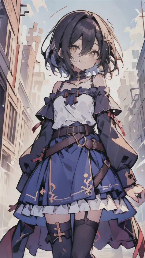 dress,1girl, bare shoulders, belt, eyebrows visible through hair, hair between eyes, long sleeves, looking at viewer, off shoulder, shirt, single thighhigh, solo, thighhighs, white legwear, white shirt,off-shoulder dress,frilled skirt,belt buckle,sleeveles...