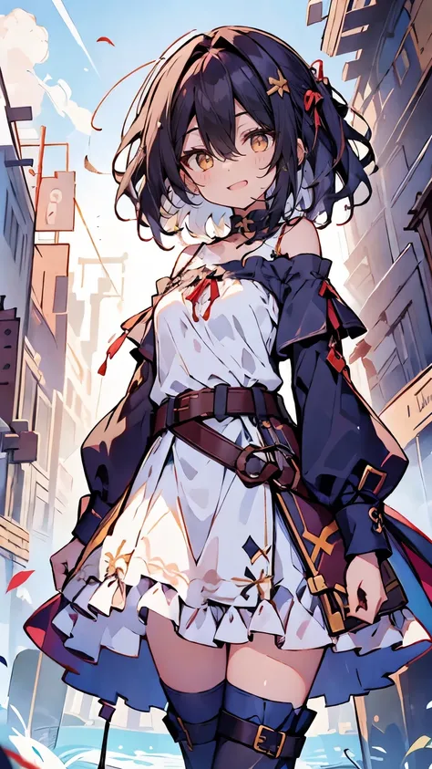 dress,1girl, bare shoulders, belt, eyebrows visible through hair, hair between eyes, long sleeves, looking at viewer, off shoulder, shirt, single thighhigh, solo, thighhighs, white legwear, white shirt,off-shoulder dress,frilled skirt,belt buckle,sleeveles...