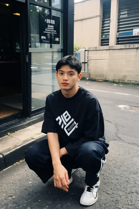a BOY HANDSOME wearing a black shirt with a blue logo on it, official product image, official product photo, 2 techwear MAN, sitting on the floor, squatting, there is a water container in front of the model. background of tall buildings, outdoor, trending ...