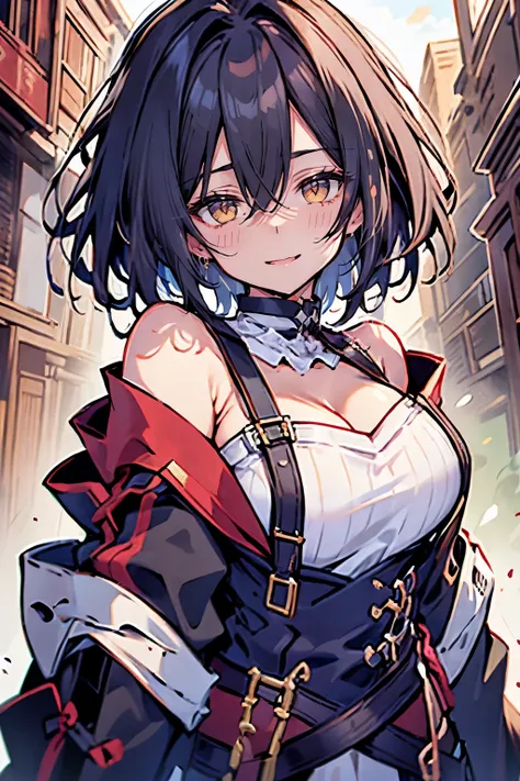 hui xiyi, rekkyo sensen, rekkyou sensen, 1 girls, black hair, tits cleavage, waving, breasts close up, suspenders, dress,1girl, bare shoulders, belt, frills shirt, white knit sweater, exposed breasts, medium hair, long hair, nun