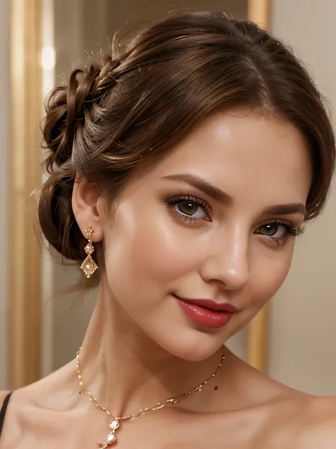 Beautiful mature Caucasian girl， detailed finger， beautiful hand， hyper realistic， 1 girl, half body portrait, brunette color hair，neatly tied updo hair， Super detailed face， Detailed lips， Detailed eyes， Single Eyelids， Pornographic exposure，diamond earri...