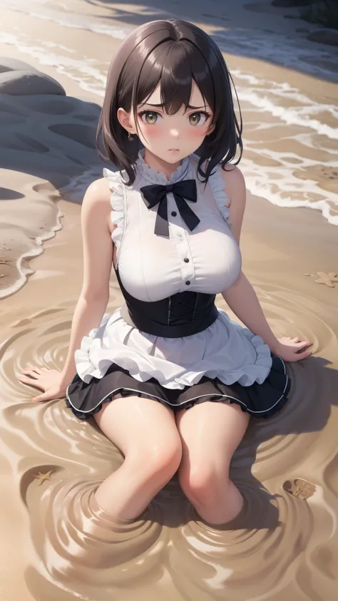 masterpiece, best quality, highly detailed, ultra high res, aichan, large breasts, 1girl, (upset),  glossy lips, sleeveless idol dress, very puffy skirt, flared skirt, (quicksand:1.4), skirt resting on sand