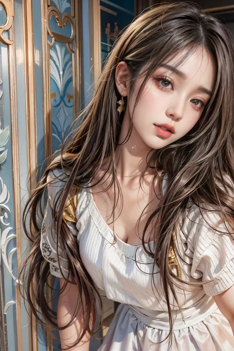 realistic photos (one cute korean k-pop star) straight long hair, light makeup, huge firm bouncing bust, long dress, close, cano...