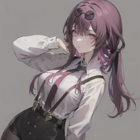 masterpiece, highest quality, One girl, Kafka, Purple Hair, Long Hair, bangs, Purple eyes, Wear glasses on your head, White shirt, suspenders, tie, Arms behind back, close, View Viewer, alone, sketch, Simple Background 