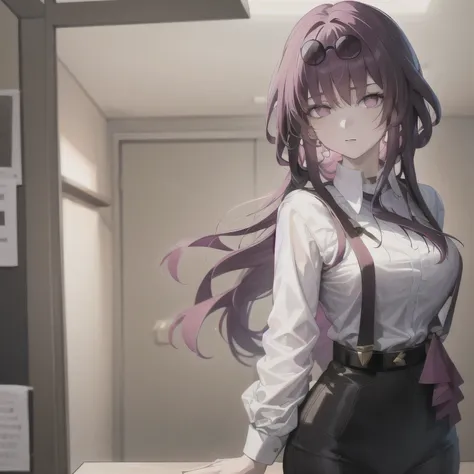masterpiece, highest quality, One girl, Kafka, Purple Hair, Long Hair, bangs, Purple eyes, Wear glasses on your head, White shirt, suspenders, tie, Arms behind back, close, View Viewer, alone, sketch, Simple Background 