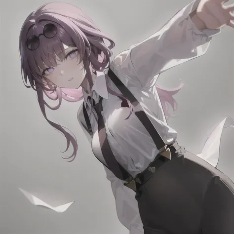 masterpiece, highest quality, One girl, Kafka, Purple Hair, Long Hair, bangs, Purple eyes, Wear glasses on your head, White shirt, suspenders, tie, Arms behind back, close, View Viewer, alone, sketch, Simple Background 