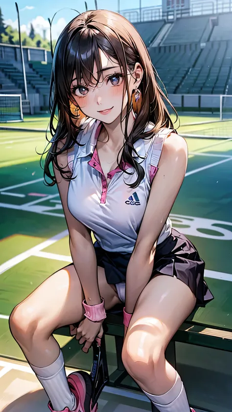 ((perfect anatomy, anatomically correct, super detailed skin)), 1 girl, solo, japanese, 16 years old, tennis player, shiny skin, watching the view, 
beautiful hair, beautiful face, beautiful detailed eyes, brown eyes, (long hair:1.5, straight hair:1.6, bla...