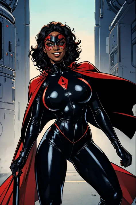 Cardinal, a gorgeous woman with (dark skin) wearing a modest black and red bodysuit, long sleeves, leggings, mask and visor.  Athletic, huge breasts, wide hips. Short curly black hair, batons. Smiling. Mini cape.  Confident.