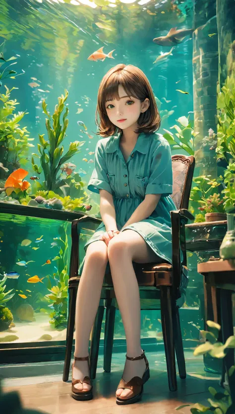 portraiture、miniature photo style、one girl、focus on the girl、brown hair、shortcuts、(((large aquarium、aquarium)))、foliage plant、su...