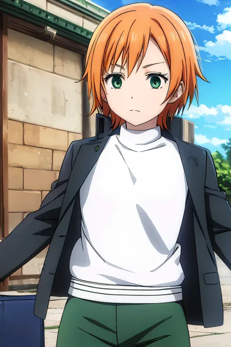 anime, detailed,short orange hair, green eyes, dark green pants, his gray gakuran uniform