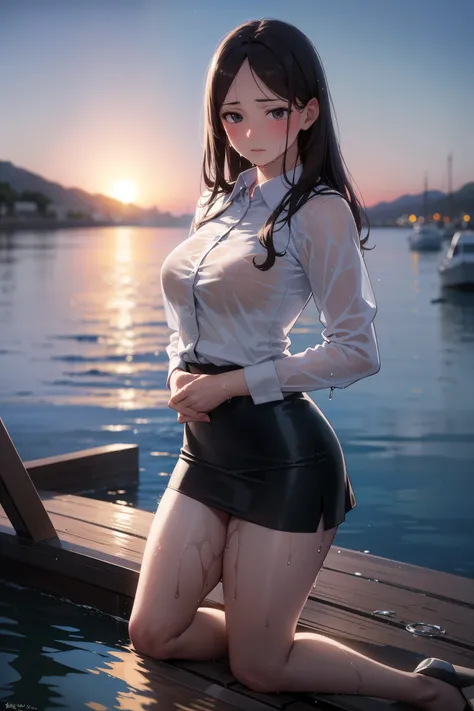 (Best quality,4k,High Resolutions),(realistic:1.37),Saekobusujima,Shy and blushing,sexy,Arms crossed,wet transparent uniform,Black lingerie,short skirt,Long black stockings,Wet,soaked,sitting on a boat ,Water,(photo),
(Full body,anime),(vivid colors),(So...