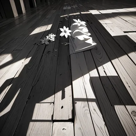 create an image for an artistic project called "Gli Impostori" black and white, abstract style, the subject are some flowers laying in the wooden floor of an old theater