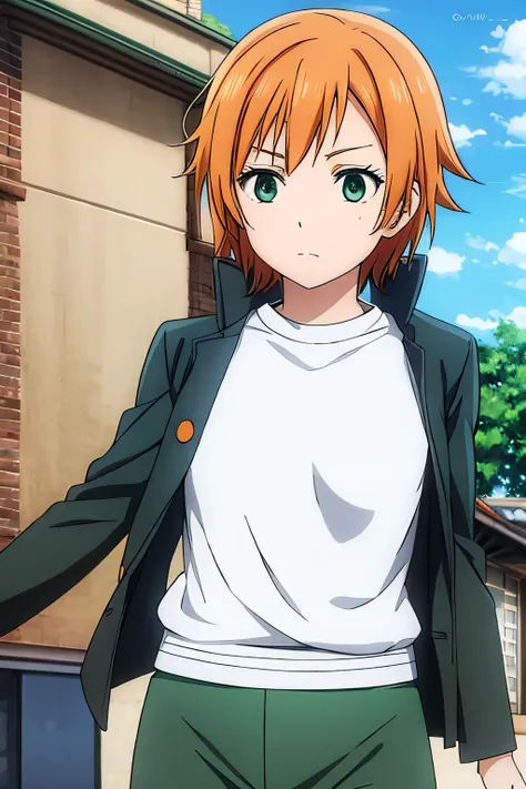 anime, detailed,short orange hair, green eyes, dark green pants, his gray gakuran uniform