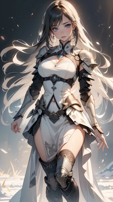(dynamic fighting pose),(leather boots,(asymmetrical mecha armor),(long embroidered white lace dress,see through,lift up the hem of the dress)),(random hairstyle),(Thin type:1.8),(large breasts),(Highest image quality,(8K), Ultra-realistic, Best Quality, H...