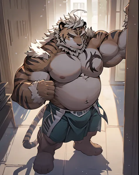 hombretigre, solo, (soft shading), 4k, hi res, ((detailed face, detailed eyes, detailed)), (full body), by zackarry911, by zaush, (by personalami:0.5), muscular, muscular male, bara, (plump), pose, gray eyes, male focus, thighs, stomach, bare pectorals, bi...