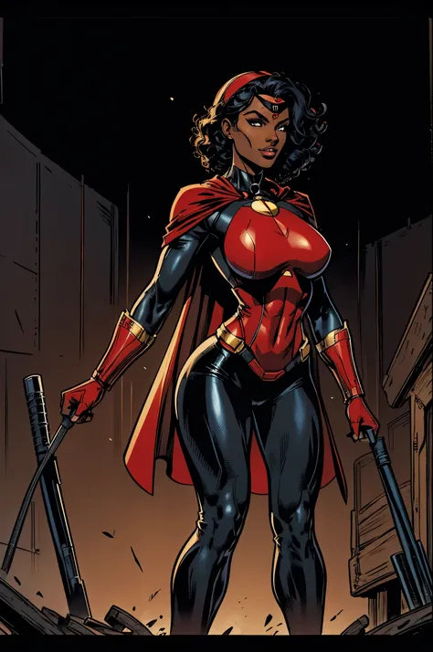 Cardinal, a beautiful superhero woman with (dark skin) wearing a black and red bodysuit, long sleeves, leggings, mask and visor.  Athletic, huge breasts, wide hips. Short curly black hair, batons, utility belt, bracers. Cheerful. Short mini half cape. Conf...