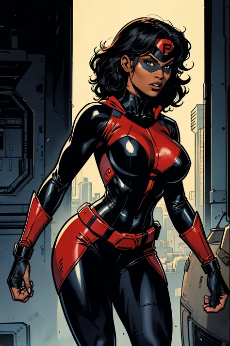 Cardinal, a beautiful superhero woman with (dark skin) wearing a black and red bodysuit, long sleeves, leggings, mask and visor.  Athletic, huge breasts, wide hips. Short curly black hair, batons, utility belt, bracers. Cheerful. Short mini half cape. Conf...