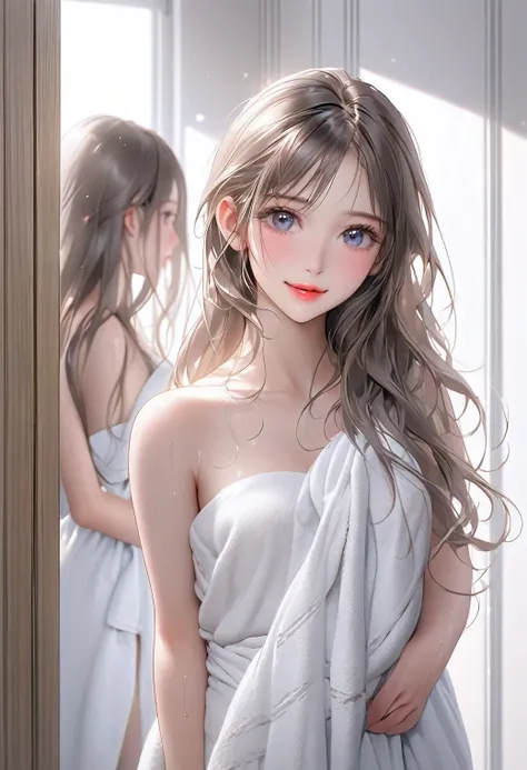 Masterpiece:1.2, Top quality, 16k, High resolution, Super realistic, Beautiful super detail, Photorealistic:1.37, Beautiful and cute girl, After taking a bath, Standing in the changing room, wearing towel, Wet hair, Beautiful and delicate long hair Eyelash...