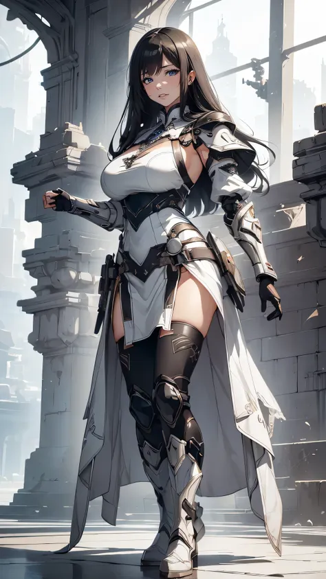 (dynamic fighting pose),(leather boots,(asymmetrical mecha armor),(long embroidered white lace dress,see through,lift up the hem of the dress)),(random hairstyle),(Thin type:1.8),(large breasts),(Highest image quality,(8K), Ultra-realistic, Best Quality, H...