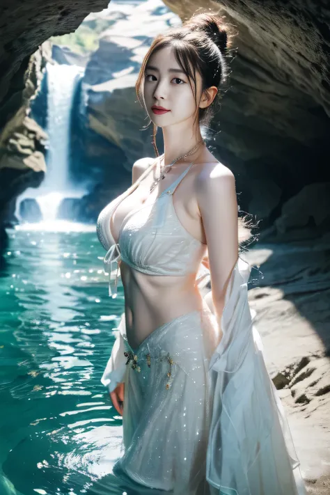 ((For great RAW photos、An attractive young adult goddess stands alone in a limestone cave、It exudes an attractive, sexy and erotic energy.。Her face is in focus、Perfect proportions、Large teardrop shaped breasts、A slim waist with a decorated navel。She is loo...