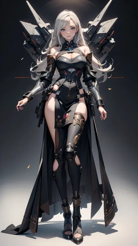 (dynamic porn pose),(leather boots,(asymmetrical mecha armor),(long embroidered lace dress,see through,lift up the hem of the dress)),(random hairstyle),(Thin type:1.8),(large breasts),(Highest image quality,(8K), Ultra-realistic, Best Quality, High qualit...