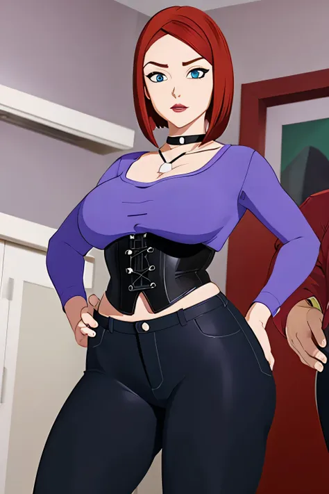 a sexy girl big breast short red hair round her blue eye wears purple top under black corset and tight black pants big thigh