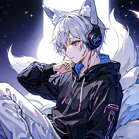 one person、handsome、listening to music through headphoneale))、((fox ears))、silver hair、fox ears、fox&#39;s tail、kimono、japan、lo-f...