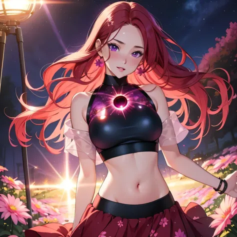 realistic, 1girl, RED hair, purple eyes, glowing eyes, crop top, skirt, parted lips, blush, night, flowers, sun, sunlight,