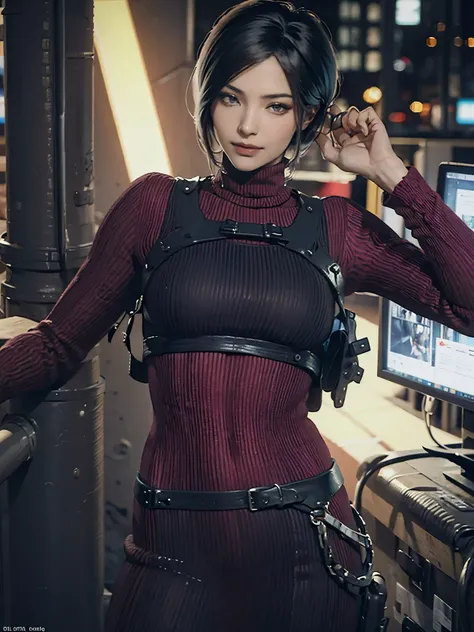 ada，Adawong，22 years old，With a sniper rifle，ulzzang-7000, (Realistic: 1.3) masterpiece, best quality, Beautiful clean face, whole body, Behind the halo, Network Background, Extremely detailed city, Fugitive, Resident Evil 4 RE, 8K, best quality, Super det...